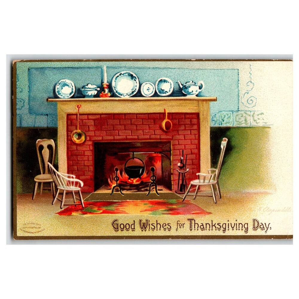 1903 Thanksgiving Postcard Fireplace Scene N. Clapendale Embossed Germany